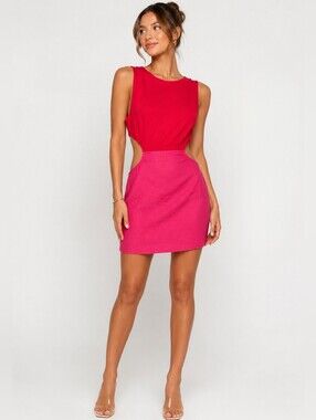 NWT Olivaceous Pink Red Colorblock  Cotton Linen Blend Mini Dress Size Medium
